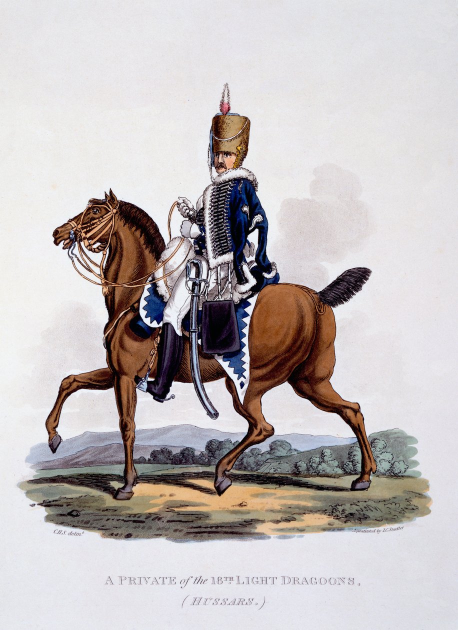 Uniforme de um soldado dos 18º Dragões de Luz (Hussardos), de &39;Traje do Império Britânico, de acordo com os Últimos Regulamentos&39;, publicado em 1812-15 (aquatinta colorido à mão) de Charles Hamilton Smith