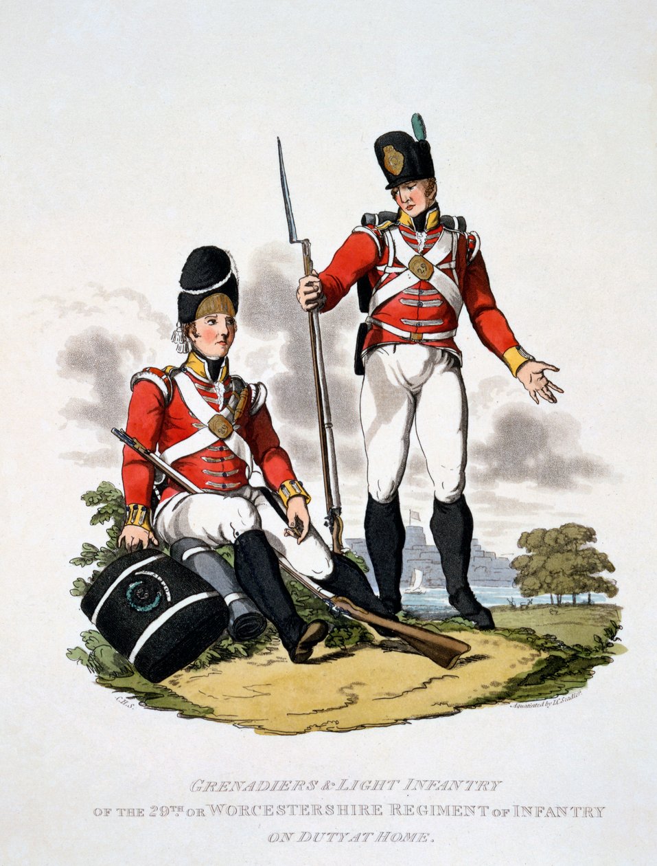 Uniforme dos Granadeiros e Infantaria Ligeira do 20º Regimento Worcestershire, de &39;Traje do Império Britânico, de acordo com o Último Regulamento&39;, publicado em 1813 (aquatinta colorido à mão) de Charles Hamilton Smith