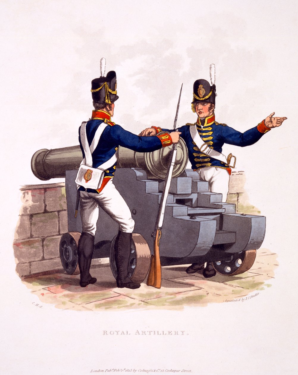 Uniforme da Artilharia Real, de &39;Traje do Império Britânico, de acordo com o Último Regulamento&39;, publicado em 1815 (aquatinta colorido à mão) de Charles Hamilton Smith