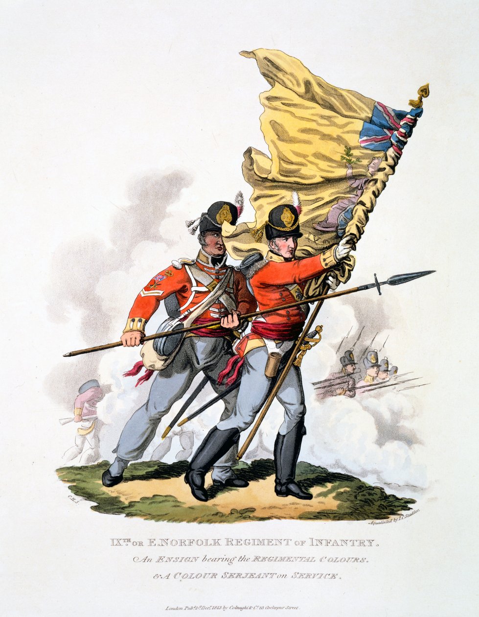 Uniforme e Cores do 9º ou Leste Regimento de Infantaria de Norfolk, de &39;Traje do Império Britânico, de acordo com o Último Regulamento&39;, publicado em 1813 (aquatinta colorido à mão) de Charles Hamilton Smith