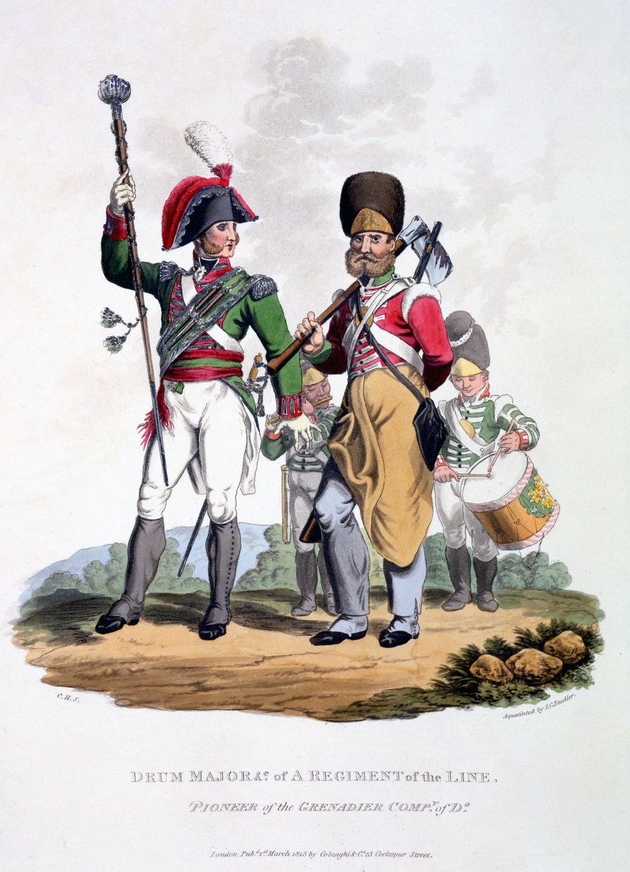 Uniformes de um Major de tambor de um Regimento da Linha - Pioneiro da Companhia de Granadeiros, de &39;Traje do Império Britânico, de acordo com os Últimos Regulamentos&39;, publicado em 1815 (aquatinta colorido à mão) de Charles Hamilton Smith