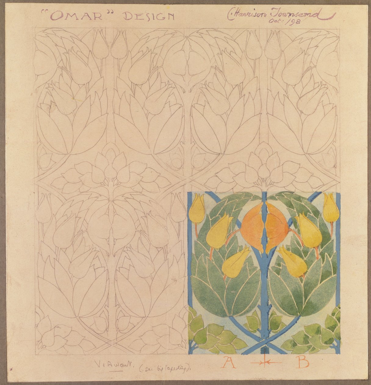Omar, projeto para uma toalha de seda e lã, 1898 (seda e lã) de Charles Harrison Townsend