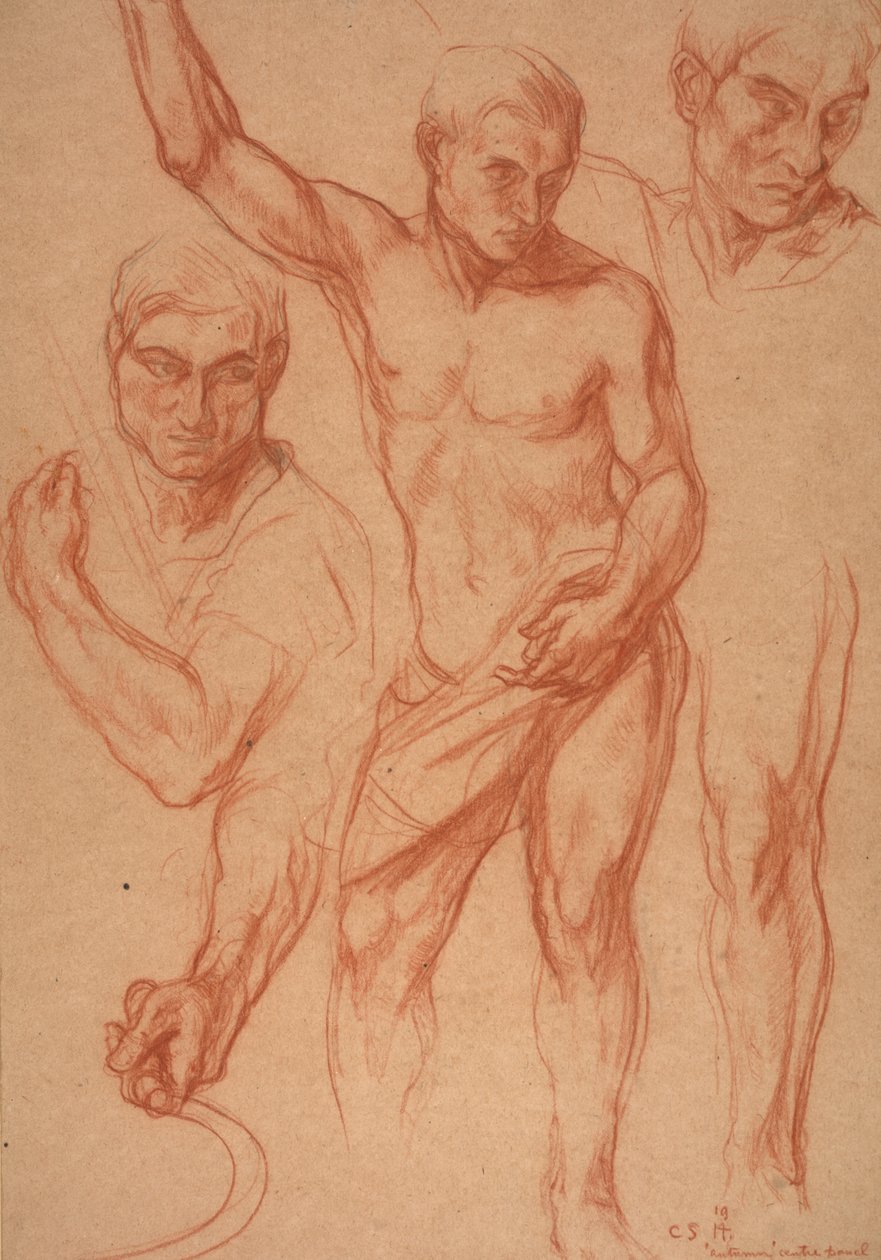 Estudo da figura masculina com re-estudos de cabeça, braços, ombro e perna (esboços para painel central de "Outono"), 8 de abril de Charles Haslewood Shannon