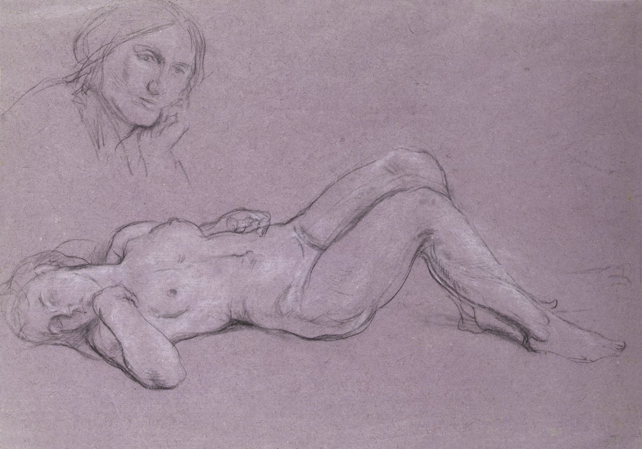 Estudo de uma figura feminina nua reclinada, com um estudo de uma cabeça de mulher descansando em sua mão de Charles Haslewood Shannon