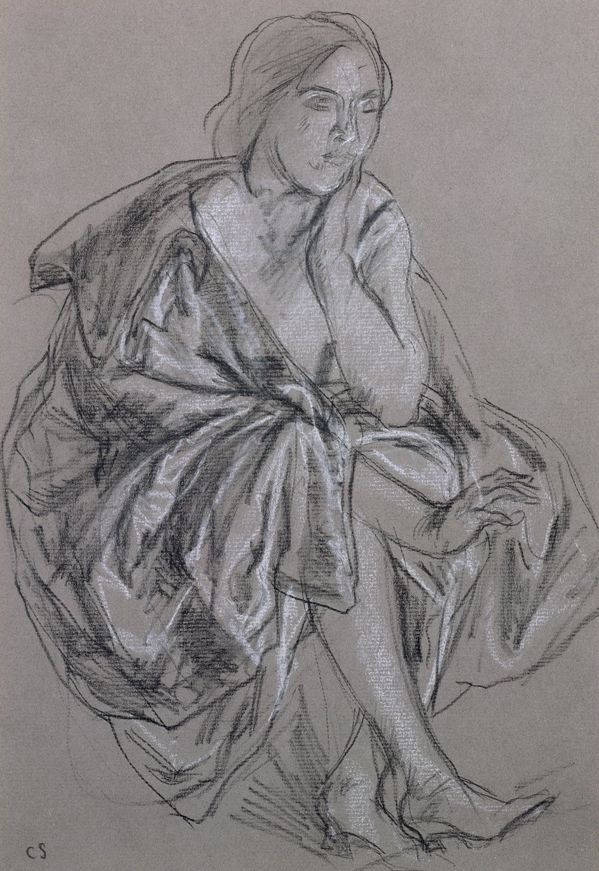 Estudo de uma mulher sentada, mulher sentada drapejada (giz no papel) de Charles Haslewood Shannon