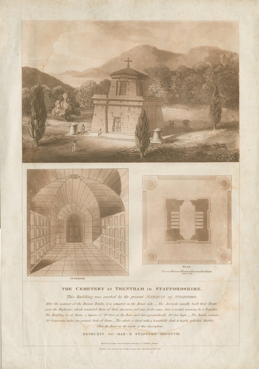 Trentham - O Mausoléu: gravura em aquatinta marrom-avermelhada, nd [c 1808] (impressão) de Charles Heathcote Tatham