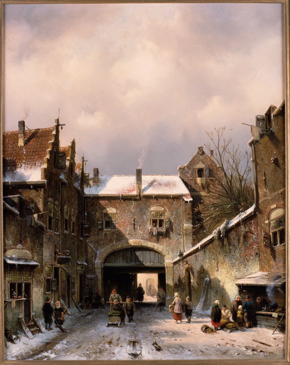 Uma cena de rua da vila no inverno de 1893 de Charles Henri Joseph Leickert