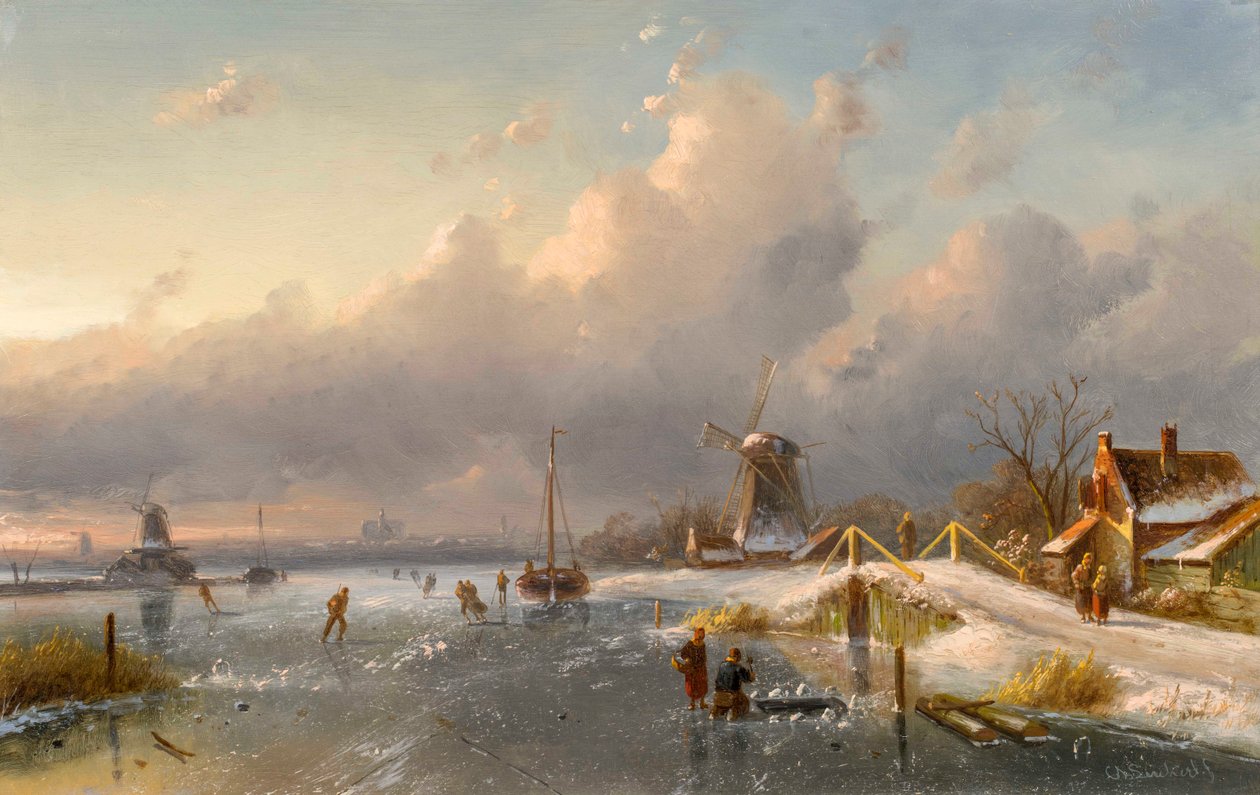 Uma paisagem de inverno com moinhos de vento e skatistas em uma hidrovia congelada, 1840s-50s de Charles Henri Joseph Leickert