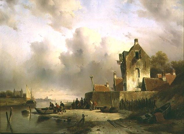 Um estuário com pescadores junto a um cais de Charles Henri Joseph Lieckert