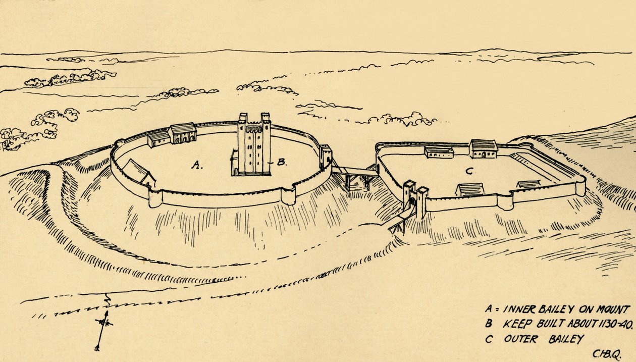 Vista aérea do castelo Hedingham, reconstrução parcial de Essex, 1931 de Charles Henry Bourne Quennell