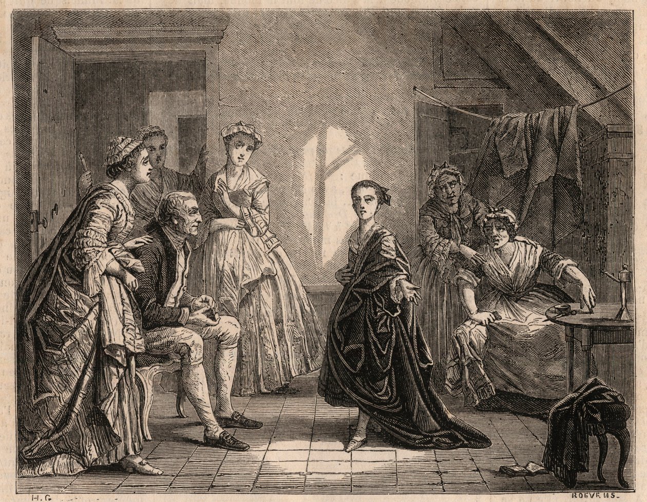 A infância de Mademoiselle Clairon: a jovem Claire-Josephe (Claire Josephe) Leris (1723-1803) recita os versos da peça que ela acaba de ver. Ela se tornou comediante sob o nome "Mademoiselle Clairon" ou "La Clairon". Gravura de 1862 do painti de Charles Housez