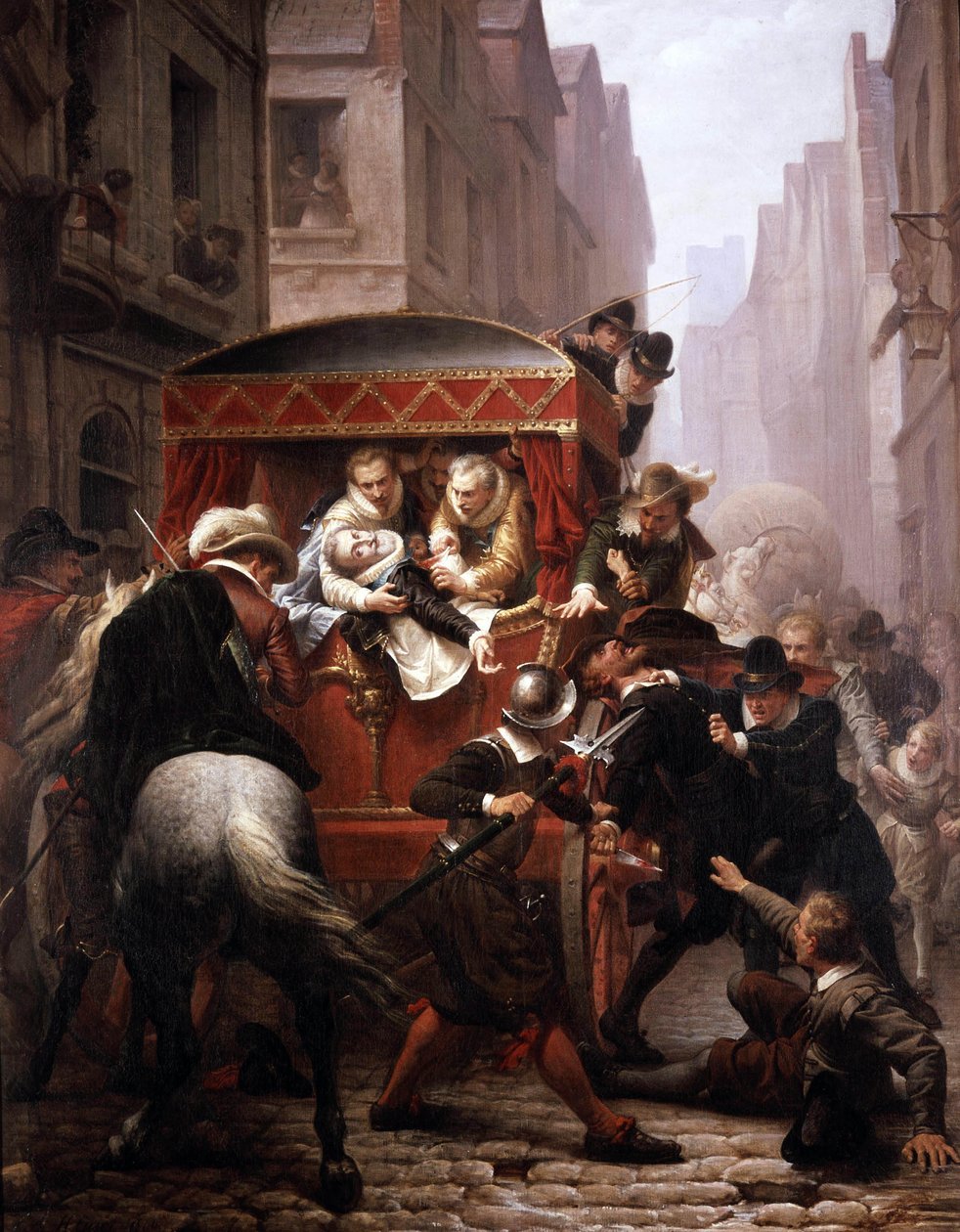 Assassinato do rei francês Henri IV por Ravaillac em 1610 em Paris (óleo sobre tela) de Charles Housez