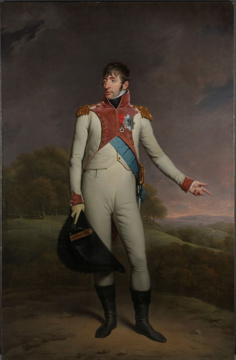 Retrato de Luís Napoleão, rei da Holanda Luís Napoleão (1778-1846), rei da Holanda de 1806 a 1810, com uniforme de salva-vidas a pé, decorado com a Grã-Cruz da Ordem Real da União da Holanda e a Cruz de Oficiais da L. de Charles Howard Hodges