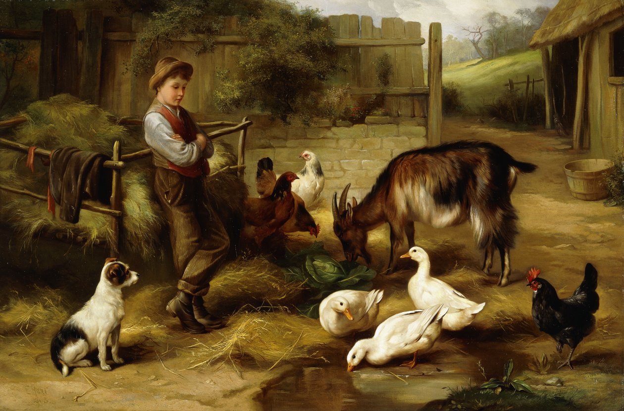 Um menino com aves de capoeira e uma cabra em um pátio, 1903 de Charles Hunt