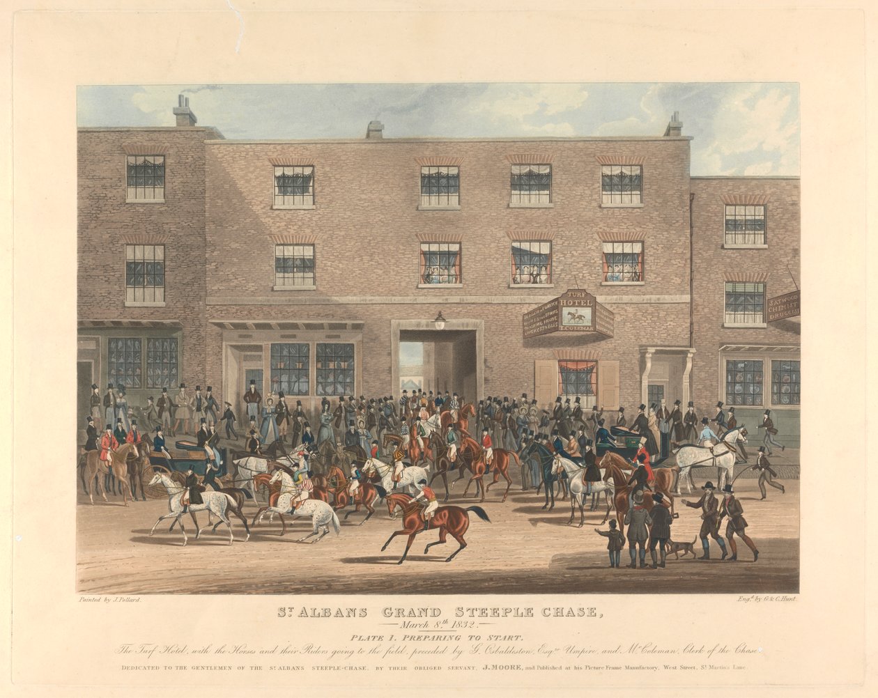 Perseguição em torre [conjunto de seis]: Caça às torres de St. Albans Grand Steeple Chase. / 8 de Março de 1832. Prato 1. Preparar para começar ... de Charles Hunt