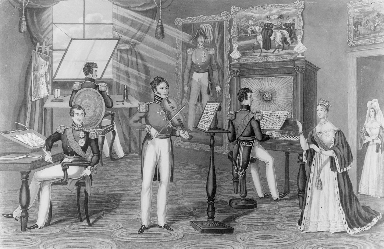 A maravilha de Windsor: O artista, poeta, violinista, aqui vemos, e tudo é Tweedle-dum e Tweedle-dee, c.1841 (lito) (foto bw) de Charles Hunt