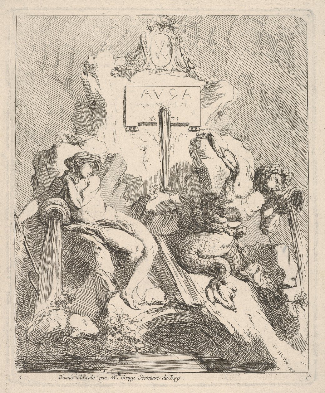 Projeto para uma fonte com uma ninfa sentada à esquerda e tritão segurando uma concha na boca ..., 1768. de Charles Hutin