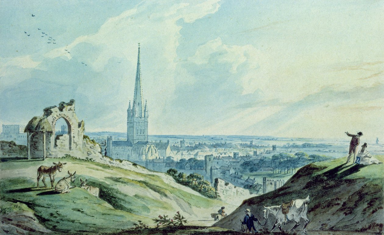 Uma visão de Norwich, de Mouseshold Hill, perto das ruínas do Castelo de Ketts de Charles, II Catton