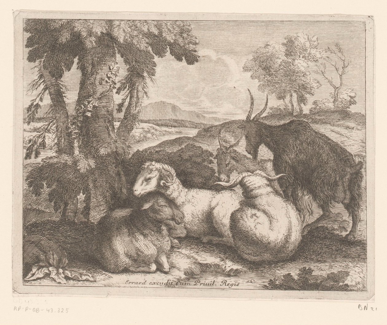 Ovelhas e cabras debaixo de uma árvore Série Animal (título da série) de Charles II Errard (attributed to)