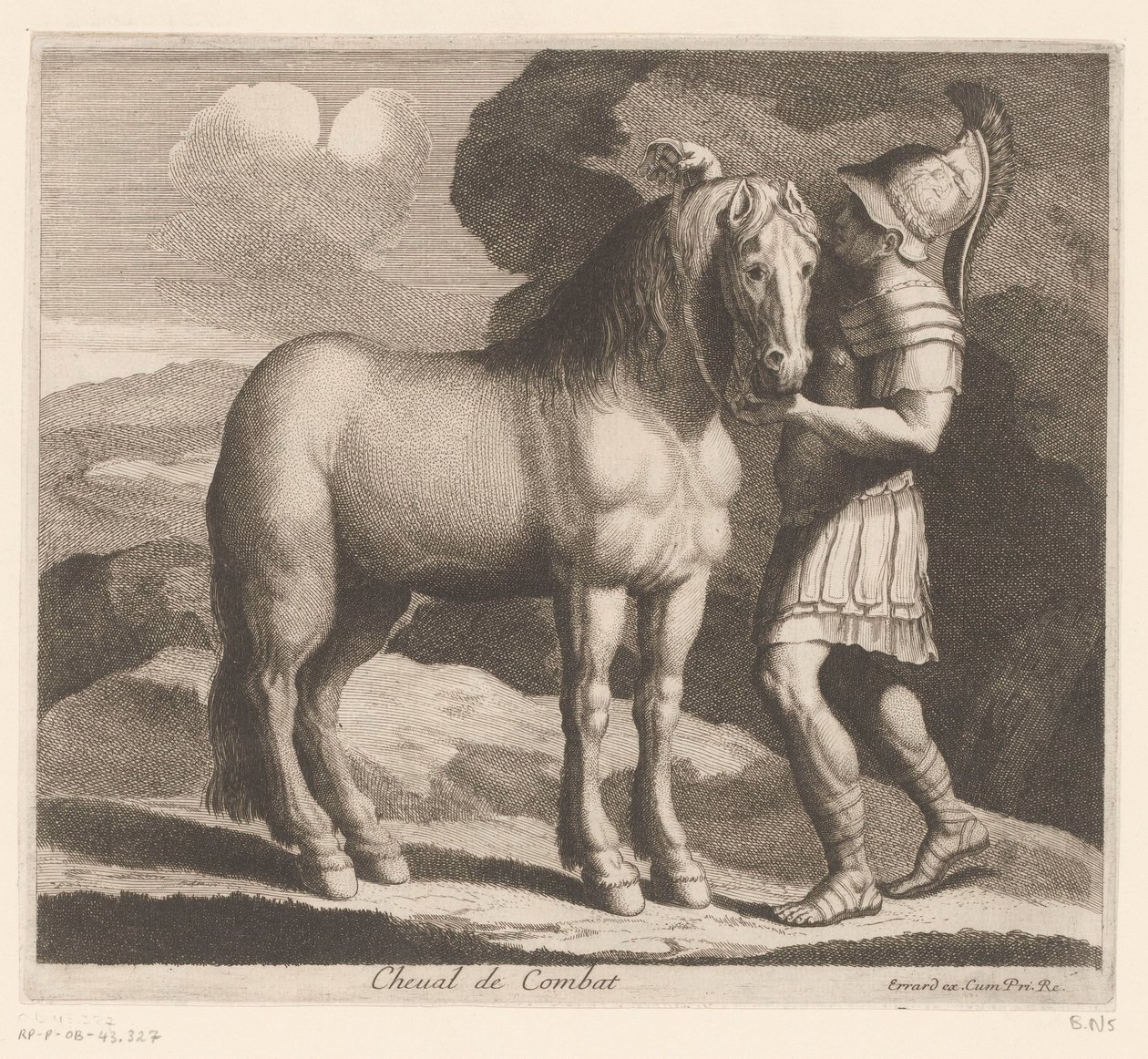O soldado aproveita um cavalo Cheval de Combat (título no objeto) Série Animal (título da série) de Charles II Errard (attributed to)