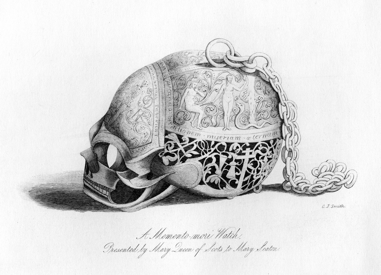 Relógio Memento-Mori apresentado por Mary Queen of Scots a Mary Seaton, século XVI, 1840. de Charles J. Smith