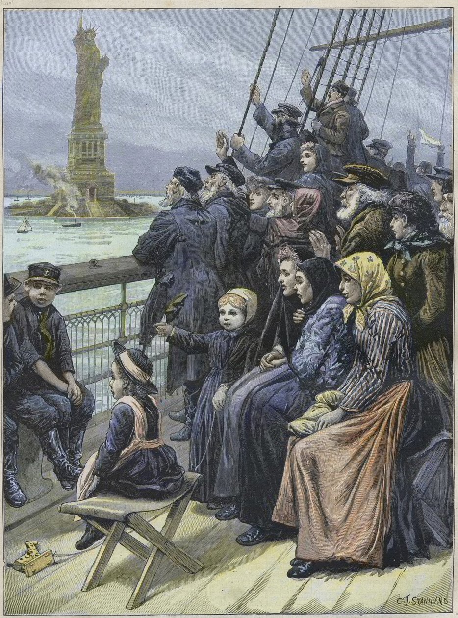 Chegada dos emigrantes judeus a Nova York Usa Em 1892 - refugiados judeus da Rússia passando pela colossal estátua no porto de Nova York - gravura de Charles Joseph STANILAND- "Chegada dos emigrantes judeus a Nova York em 1892, ilustração de Charles Joseph de Charles J. Staniland