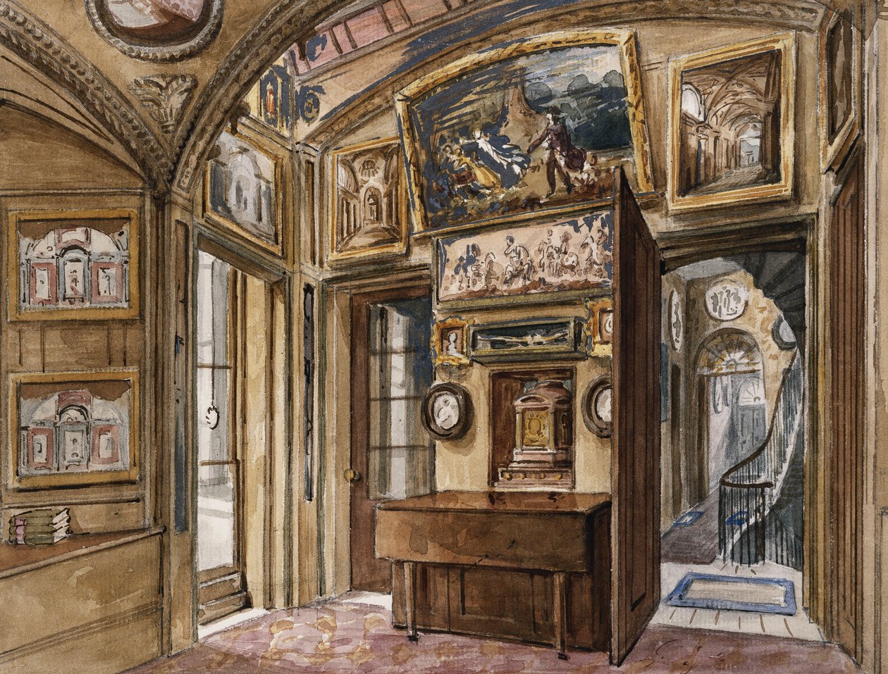 A sala de café da manhã no Museu de Sir John Soane, no 13 Lincoln&39;s Inns Fields, olhando para o sul para o Hall and Staircase de Charles James Richardson