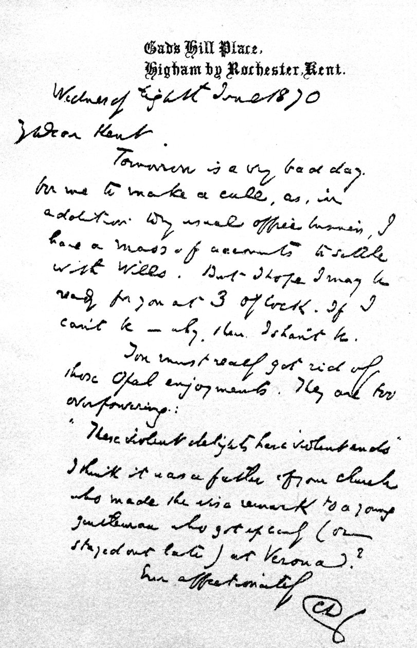 Carta a Charles Kent, escrita de Gad&39;s Hill Place, na véspera de sua morte, marcando um encontro no dia seguinte, 8 de junho de 1870 de Charles John Huffam Dickens