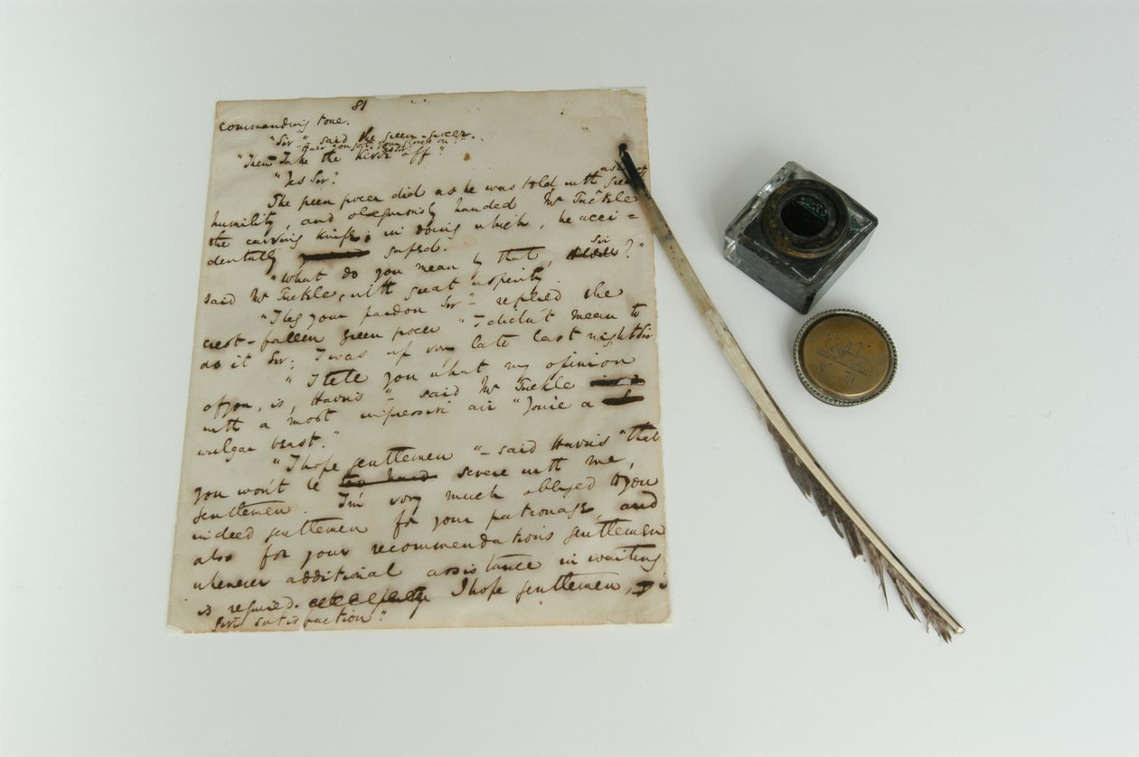 O manuscrito de Pickwick Papers, c.1837, e Dickenss quil e ink, fotografaram os anos 2000 de Charles John Huffam Dickens