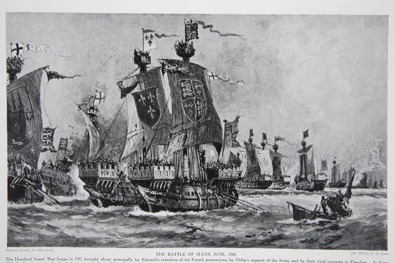 A Batalha de Sluys, 24 de junho de 1340, ilustração da "Hutchinson&39;s Story ofthe British Nation", c.1923 de Charles John de Lacy