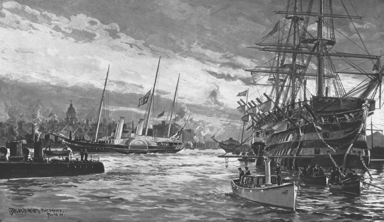 O funeral da rainha Victoria ... Royal Yacht Alberta entrando no porto de Portsmouth ... 1901. de Charles John de Lacy