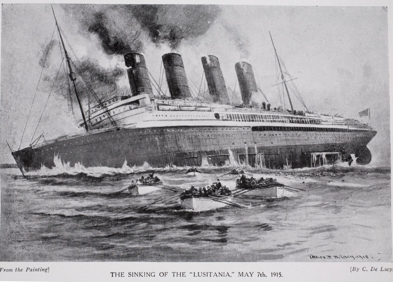 O naufrágio da Lusitânia, 7 de maio de 1915, ilustração da "Hutchinson&39;s Story ofthe British Nation", c.1920 de Charles John de Lacy