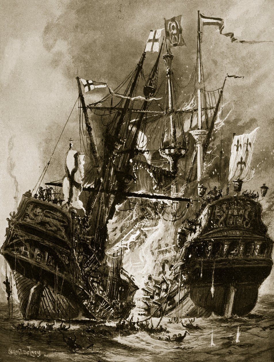 A queima da ilustração "Regent", de 1512, da "História da nação britânica" de Hutchinson, c.1923 de Charles John de Lacy