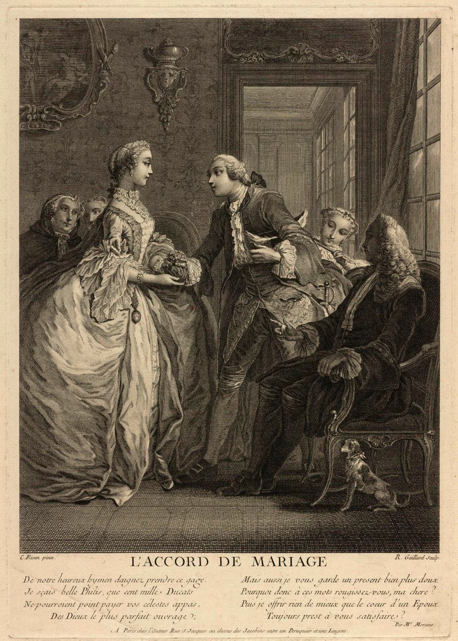 O acordo de casamento. Um jovem coloca uma bolsa nas mãos de uma jovem, sob os olhos de pessoas preocupadas, notários e pais. Obra de Charles Eisen (1720-1778), gravura de Charles Joseph Dominique Eisen