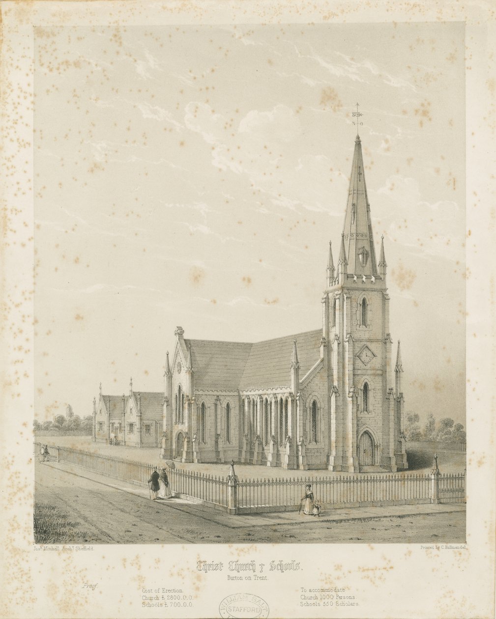 Burton-upon-Trent - Igreja e escolas de Cristo: gravura, nd [1789-1850] (impressão) de Charles Joseph Hullmandel