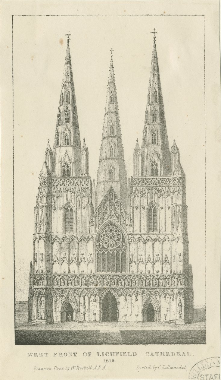 Catedral de Lichfield - Frente Oeste: gravura de Charles Joseph Hullmandel