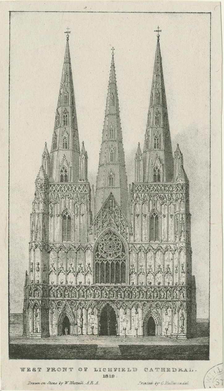 Catedral de Lichfield - Frente Oeste: gravura, 1819 de Charles Joseph Hullmandel