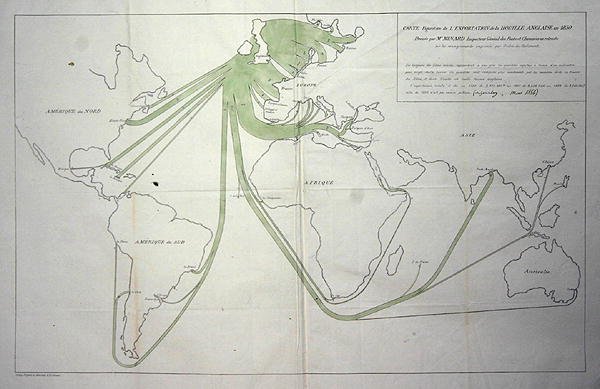 Mapa mostrando a exportação de carvão das Ilhas Britânicas em 1850 de Charles Joseph Minard