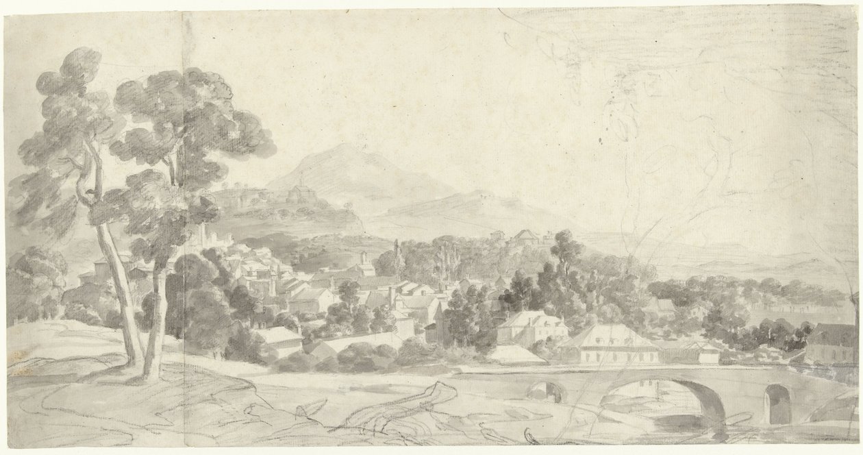 Paisagem com uma cidade perto de uma ponte de Charles Joseph Natoire (attributed to)