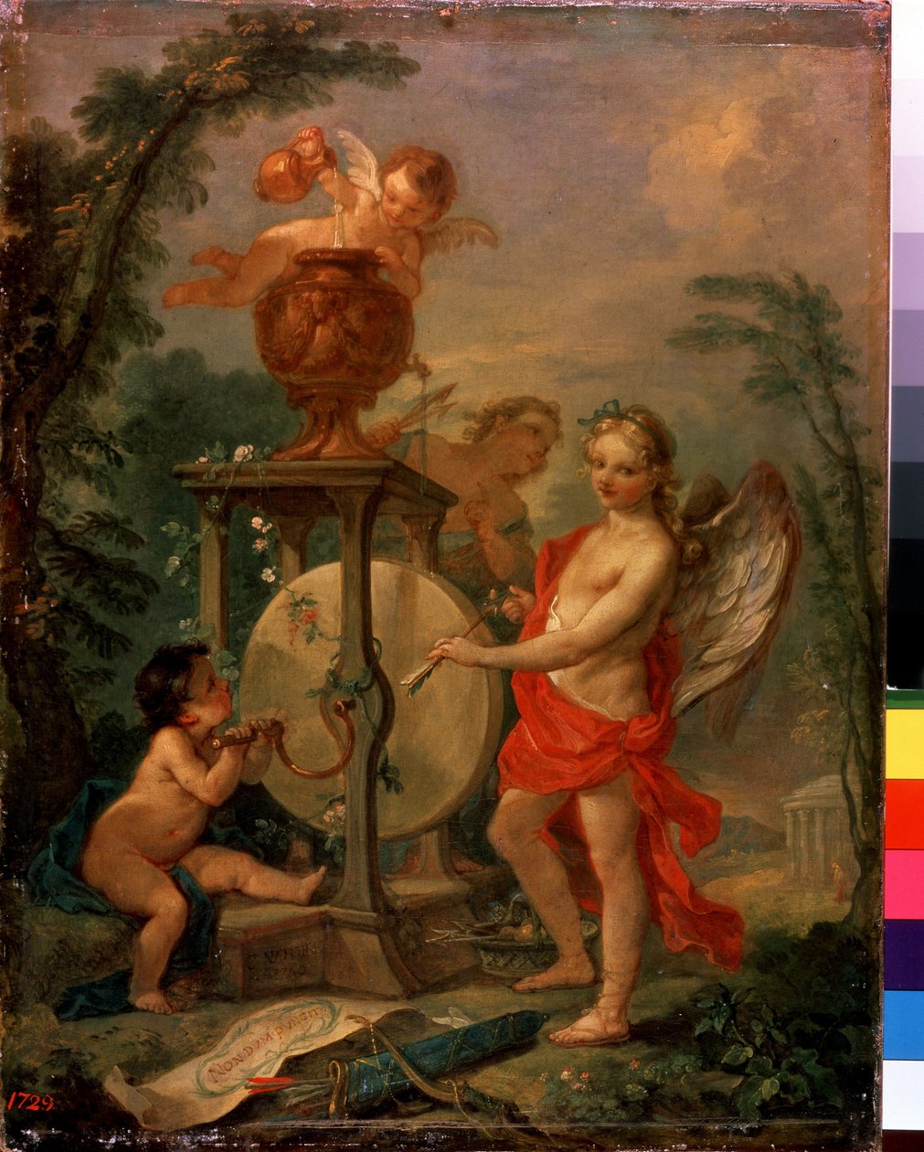 Cupido afiando uma flecha. Pintura de Charles Joseph Natoire (Charles-Joseph Natoire de Charles Joseph Natoire