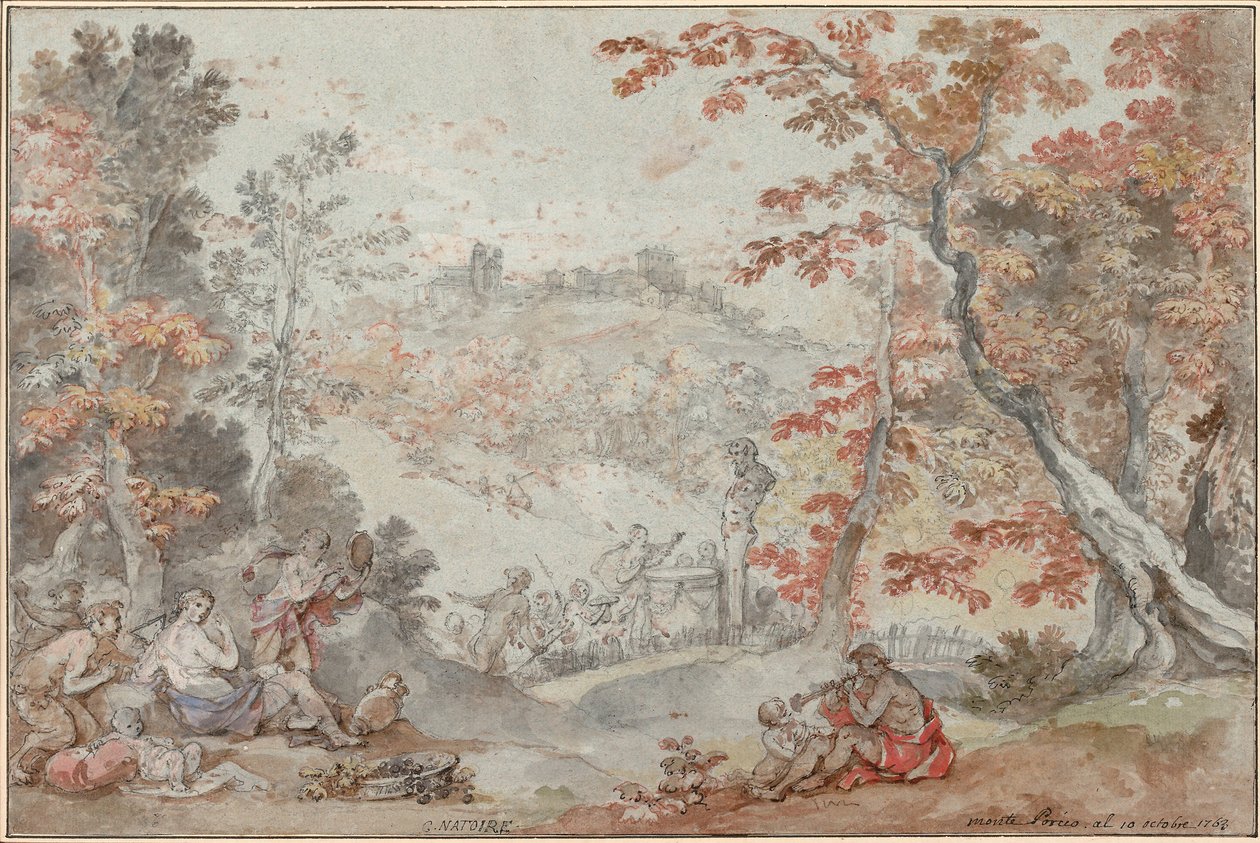 Paisagem de outono italiano com Monte Porzio e uma oferenda a Pan, 1763 de Charles Joseph Natoire