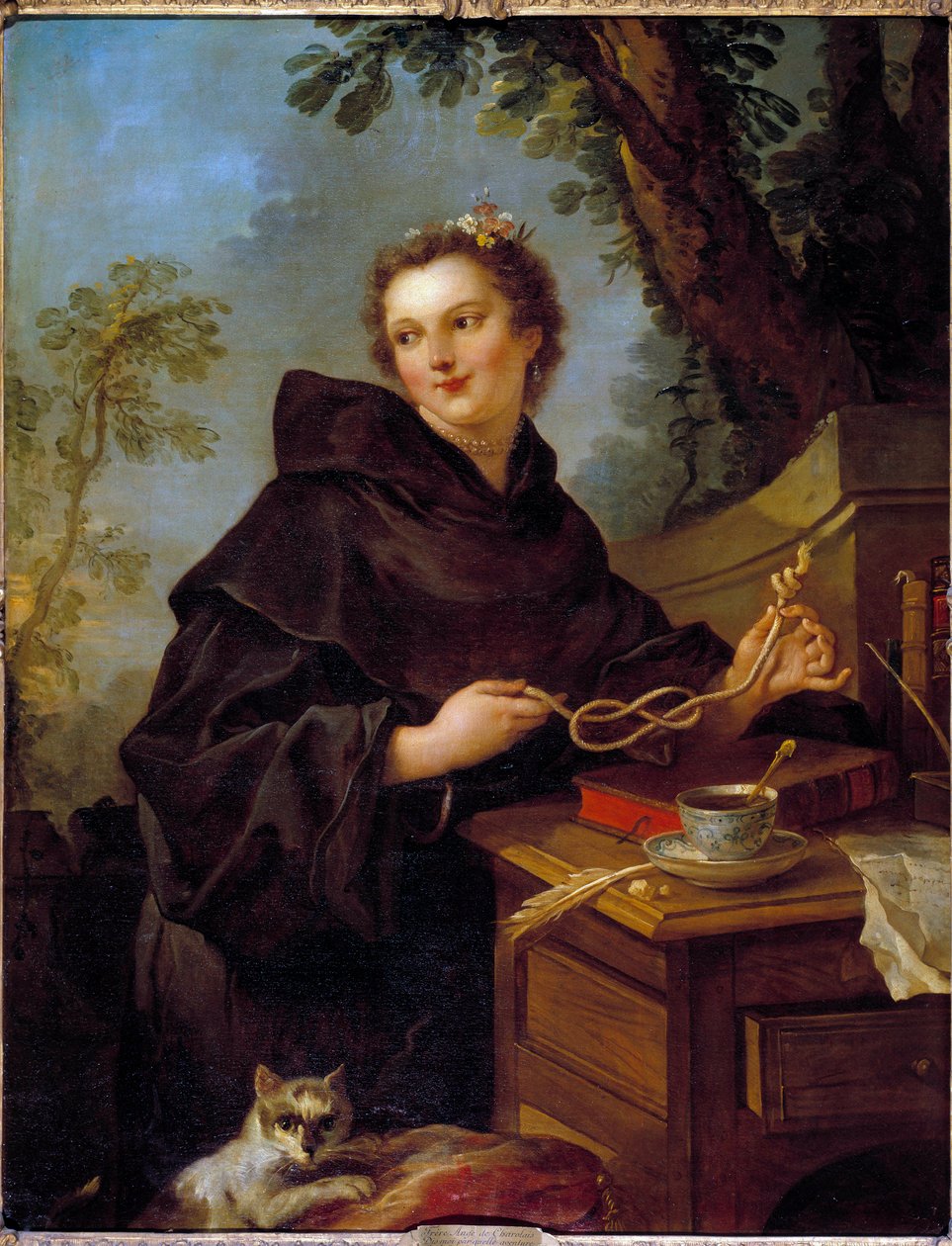 Retrato de Louise Anne De Bourbon Conde, Mademoiselle De Charolais (1695-1758), neta de Luís XIV. Entre as suas mãos um nó de mar (nó de oito). Pintura de Charles Joseph Natoire (Charles-Joseph Natoire de Charles Joseph Natoire