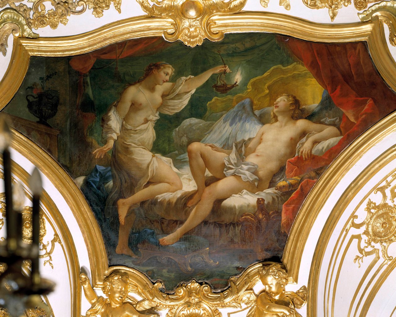 Psyche levantando sua lâmpada para contemplar sua esposa Eros (ou Amor) Pintura de teto de Charles Joseph Natoire (Charles-Joseph Natoire de Charles Joseph Natoire