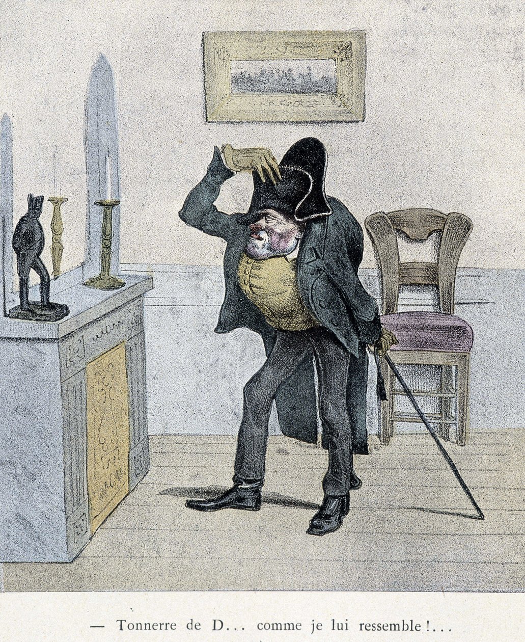 Trovão de D... como eu me pareço com ele!... Desenho animado de Travies datado do século XIX, retratando um homem comparando-se a uma estatueta de Napoleão. de Charles Joseph Travies de Villiers