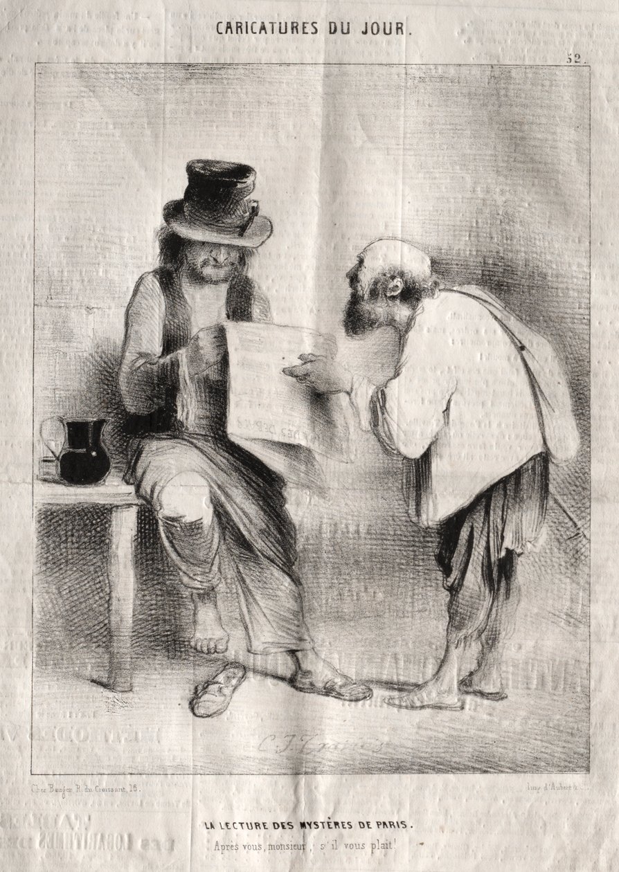Caricaturas do dia: Lendo os mistérios de Paris de Charles Joseph Traviès de Villers