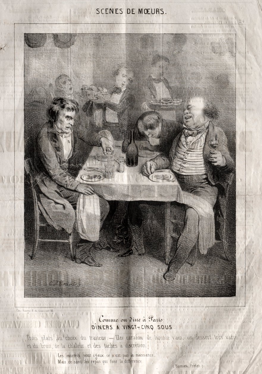 Cenas de boas maneiras: Curta ou jante em Paris. Jantares a vinte e cinco soldos. Três pratos escolhidos pelo fornecedor de Charles Joseph Traviès de Villers