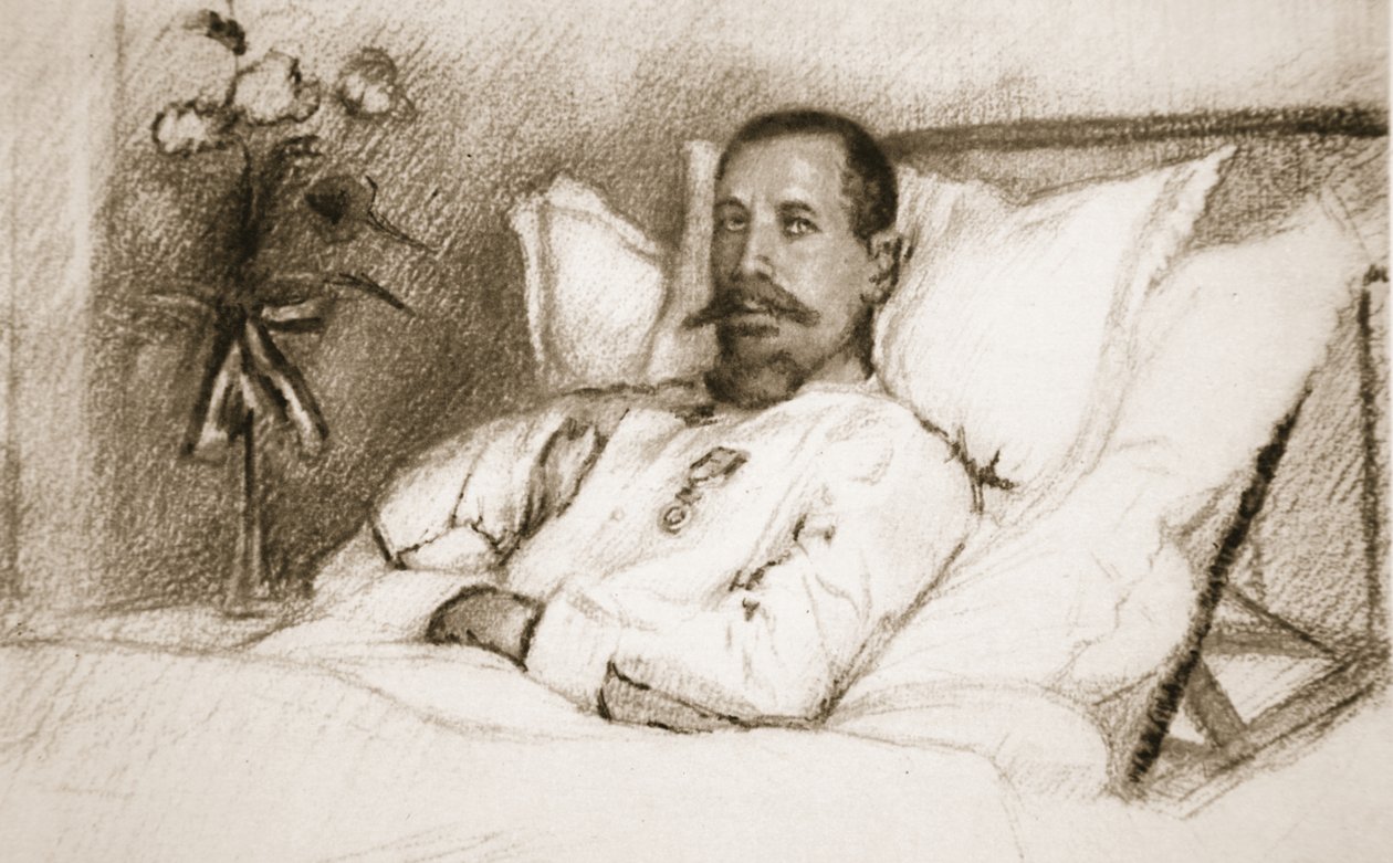 Um líder cujo ferido Sir Ian Hamilton chamou uma calamidade: General Gouraud, no hospital em Paris, do The Litted War News, 1915 litho de Charles Jules Duvent