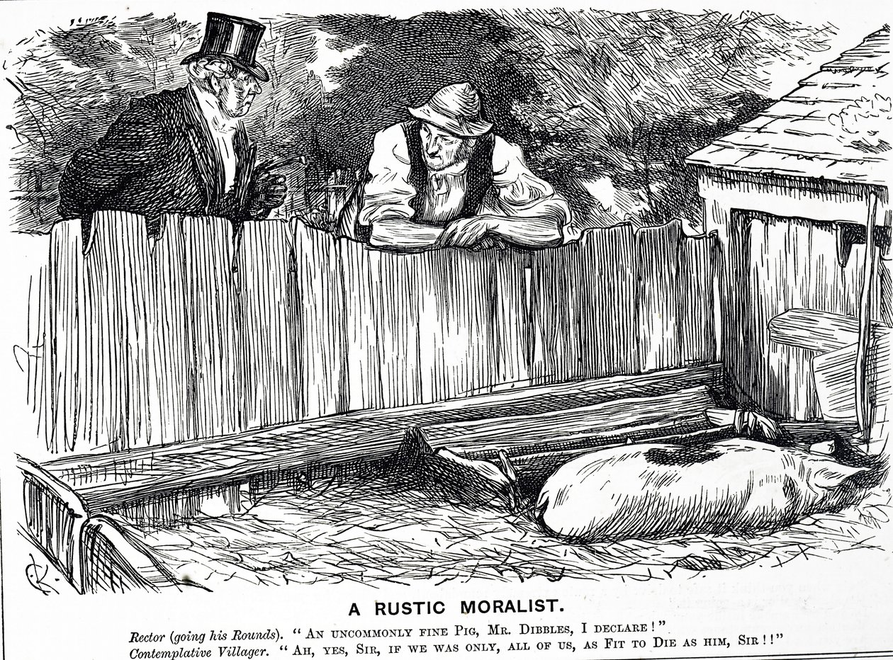 Cartoon intitulado "A Rustic Moralist", representando um reitor, um aldeão e um porco invulgarmente belo de Charles Keene