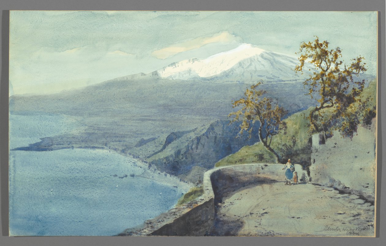 Vista do Monte Etna de Taormina, Sicília, 1925 (wc no papel montado no cartão) de Charles King Wood