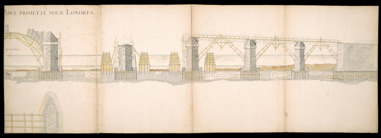 Projetos da ponte projetada no rio Tâmisa em Londres, BL Maps C.49.e.76 de Charles Labelye